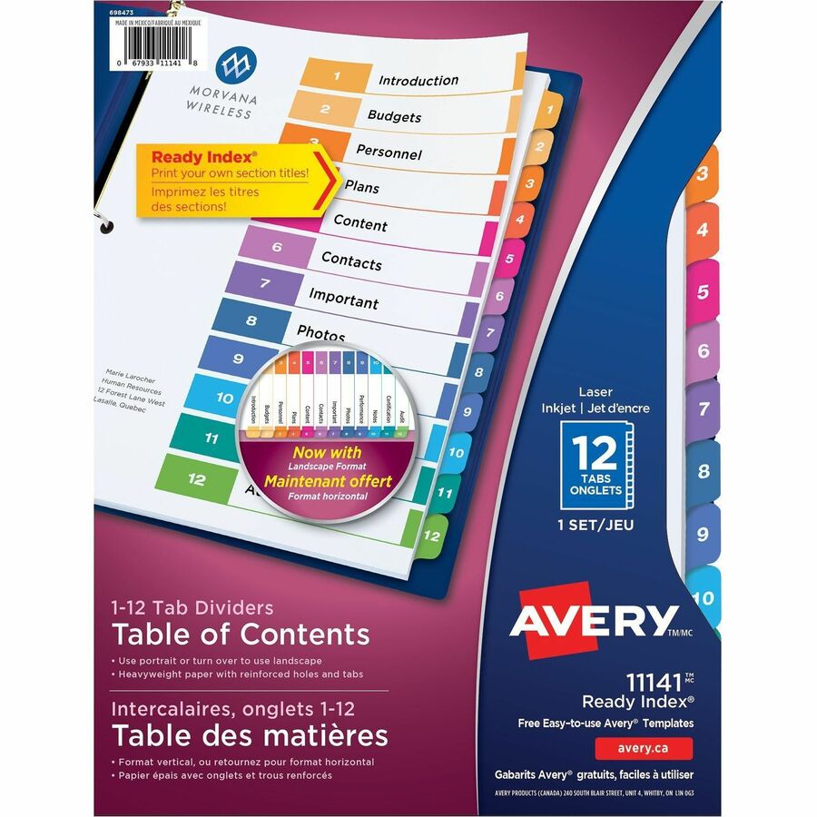 Avery® Ready Index Custom TOC Binder Dividers - 12 x Divider(s) - 1-12 - 12 Tab(s)/Set - 8.5" Divider Width x 11" Divider Length - 3 Hole Punched - White Paper Divider - Multicolor Paper Tab(s) - 12 / Set