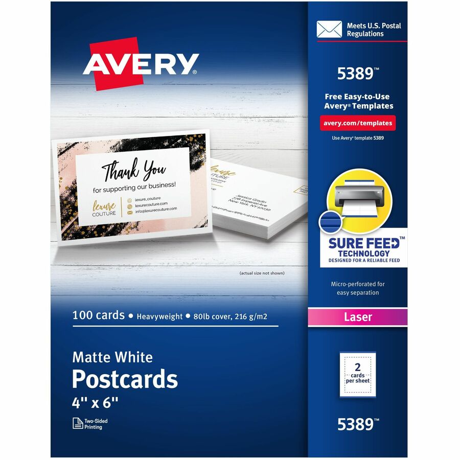 Avery® Sure Feed Postcards - 97 Brightness4" x 6" - 100 / Box - FSC Mix - Perforated, Heavyweight, Rounded Corner, Uncoated, Smudge-free