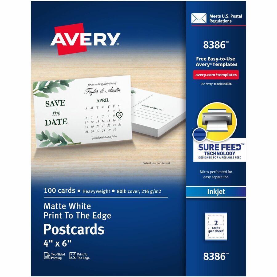 Avery® Sure Feed Postcards - 97 Brightness6" x 4" - Matte - 100 / Box - FSC Mix - Perforated, Heavyweight, Rounded Corner, Print-to-the-edge, Recyclable
