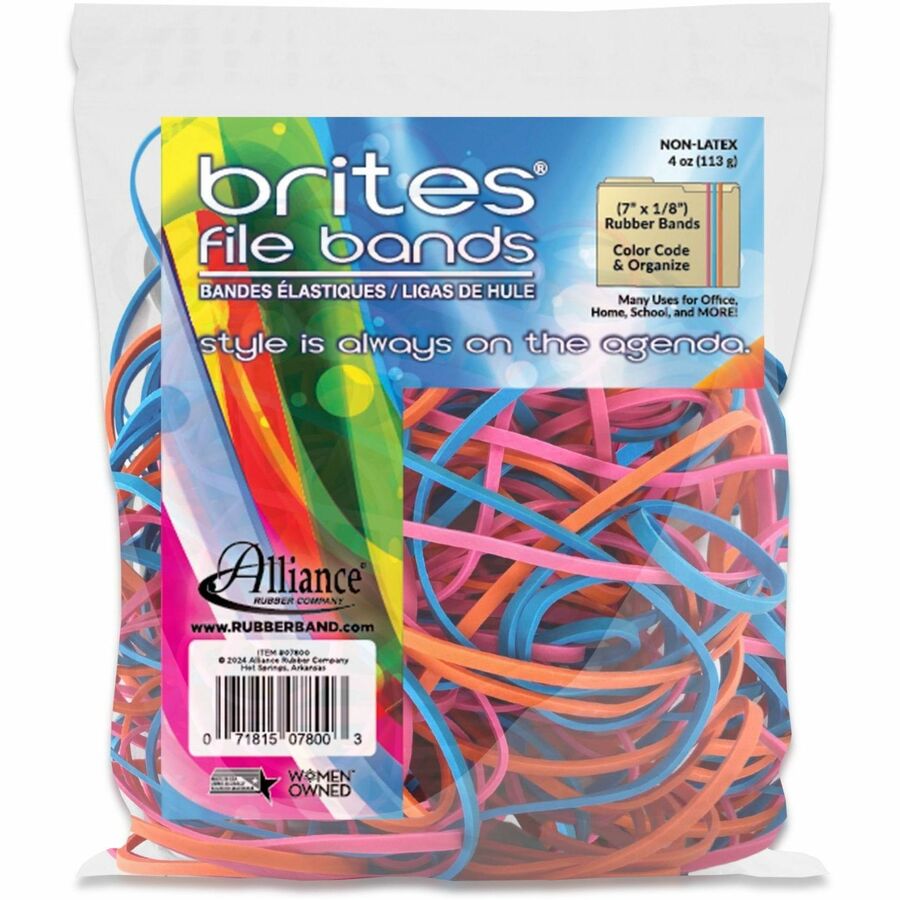 Brites File Bands - Size: #117B - 7" Length x 0.1" Width - Reusable, Elastic, Stretchable, Latex-free, Freezer Safe, Microwave Safe, Durable - 50 / Pack - Pink, Blue, Orange