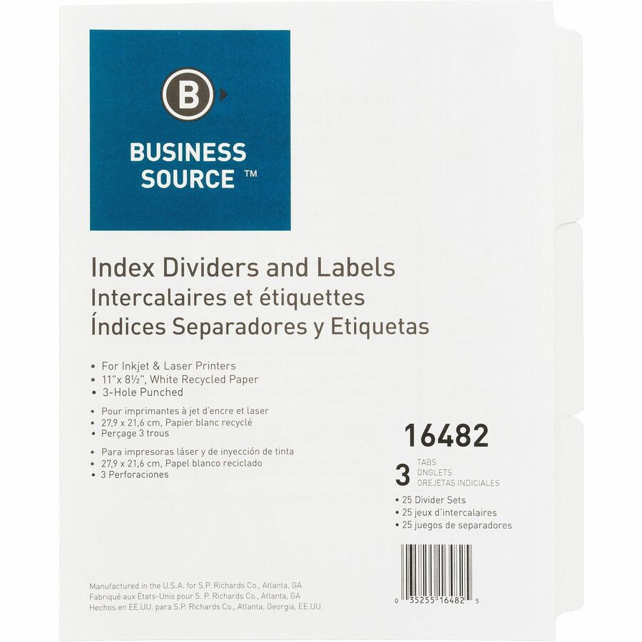 Business Source 3-Hole Punched Laser Index Tabs - 3 Tab(s) - 8.5" Divider Width x 11" Divider Length - Letter - 3 Hole Punched - White Tab(s) - 25 / Box