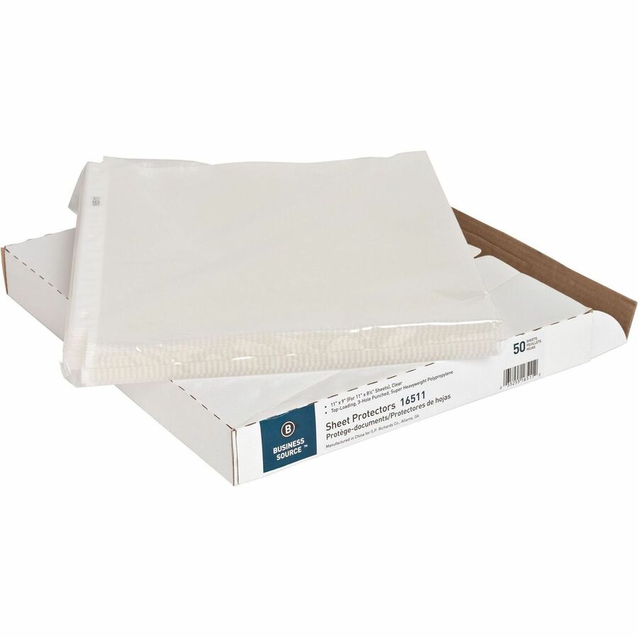 Business Source Sheet Protectors - 5 mil Thickness - For Letter 8 1/2" x 11" Sheet - 3 x Holes - Ring Binder - Top Loading - Rectangular - Clear - Polypropylene - 50 / Box