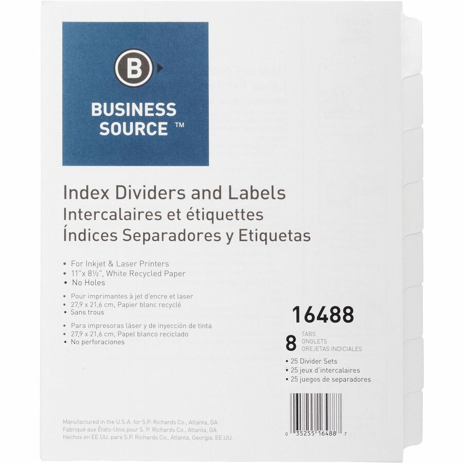 Business Source Unpunched Index Dividers Set - 8 Blank Tab(s) - 8.5" Divider Width x 11" Divider Length - Letter - White Tab(s) - 25 / Box