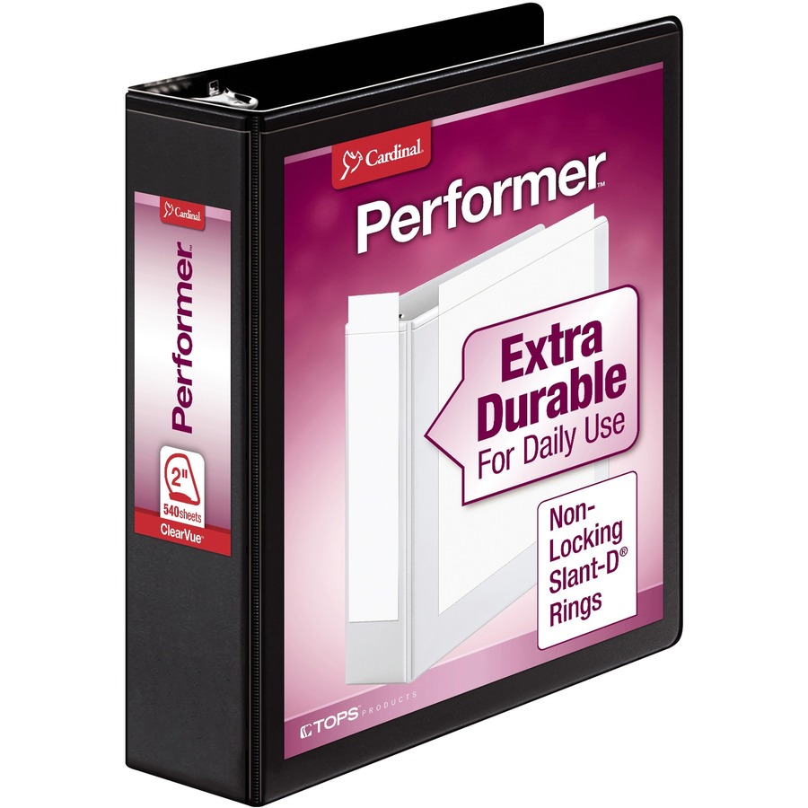 Cardinal Performer ClearVue Slant-D Ring Binder - 2" Binder Capacity - Letter - 8 1/2" x 11" Sheet Size - 540 Sheet Capacity - 2 1/2" Spine Width - 3 x D-Ring Fastener(s) - 2 Inside Front & Back Pocket(s) - Vinyl - Black - 1.40 lb - Label Holder, Hinged, Sheet Lifter, Locking Ring, Clear Overlay, Spill Proof, Finger Hole - 1 Each