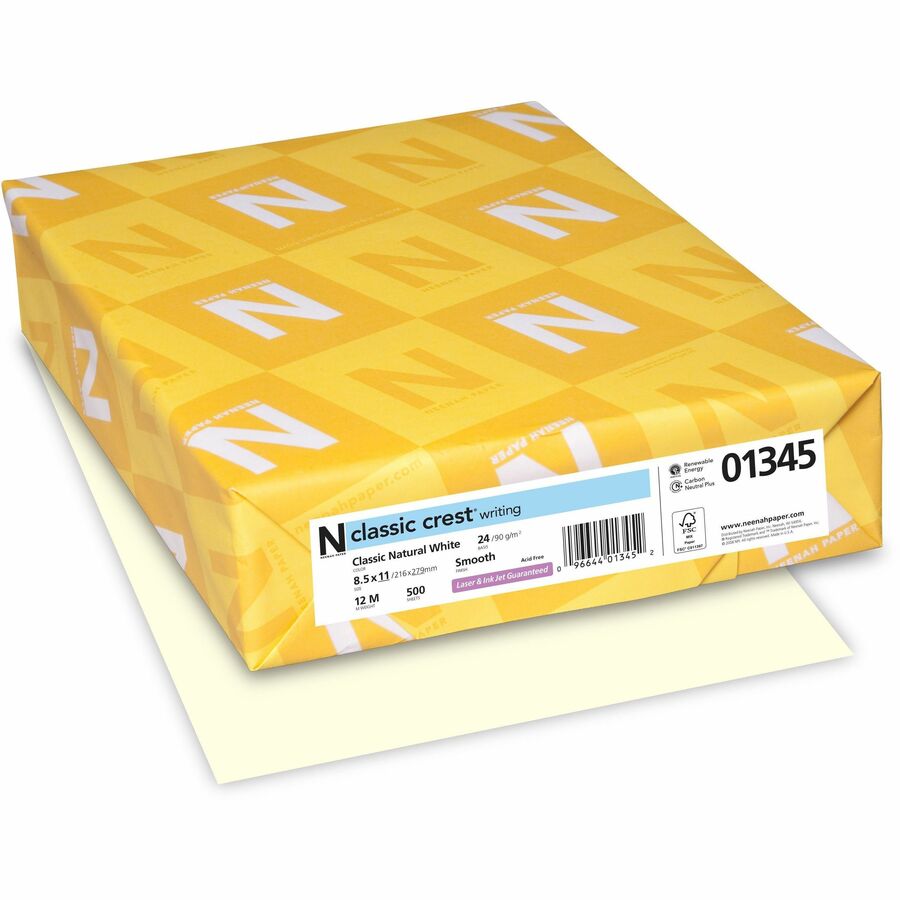 Classic Crest Writing Multipurpose Paper - White - Letter - 8 1/2" x 11" - Smooth - 500 / Ream - Green Seal - Watermarked, Acid-free, No Cotton Content, Ream-wrapped