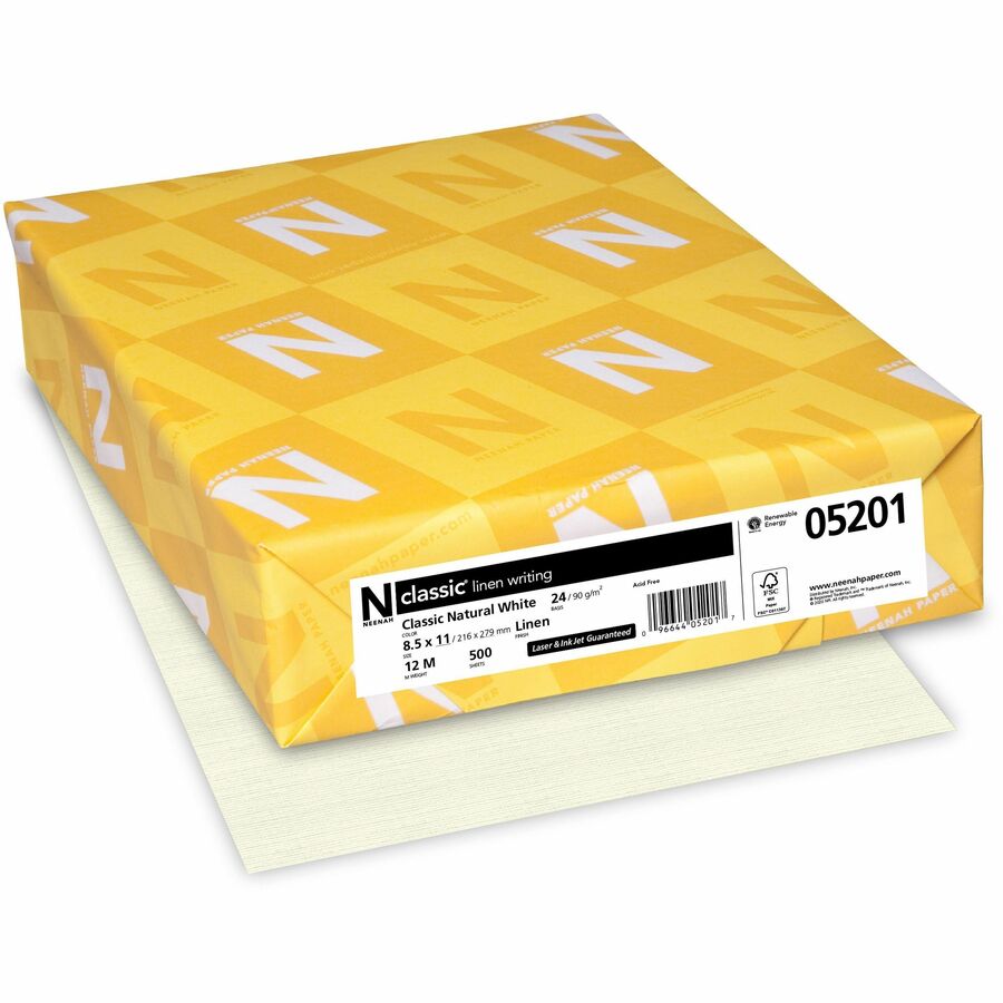 Classic Premium Paper - White - Letter - 8 1/2" x 11" - 24 lb Basis Weight - Linen - 500 / Ream - FSC - Watermarked, Acid-free, Ream-wrapped, No Cotton Content