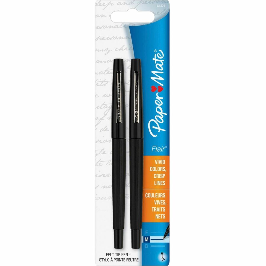 Paper Mate Flair Point Guard Felt Tip Marker Pens - Medium Pen Point - Black Water Based Ink - Black Barrel - 2 / Pack