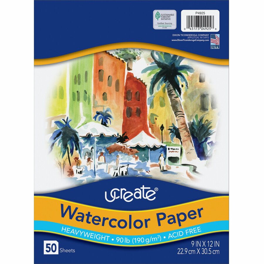 UCreate Watercolor Paper - 9" x 12" - 90 lb Basis Weight - Vellum - 50 / Pack - SFI - Acid-free