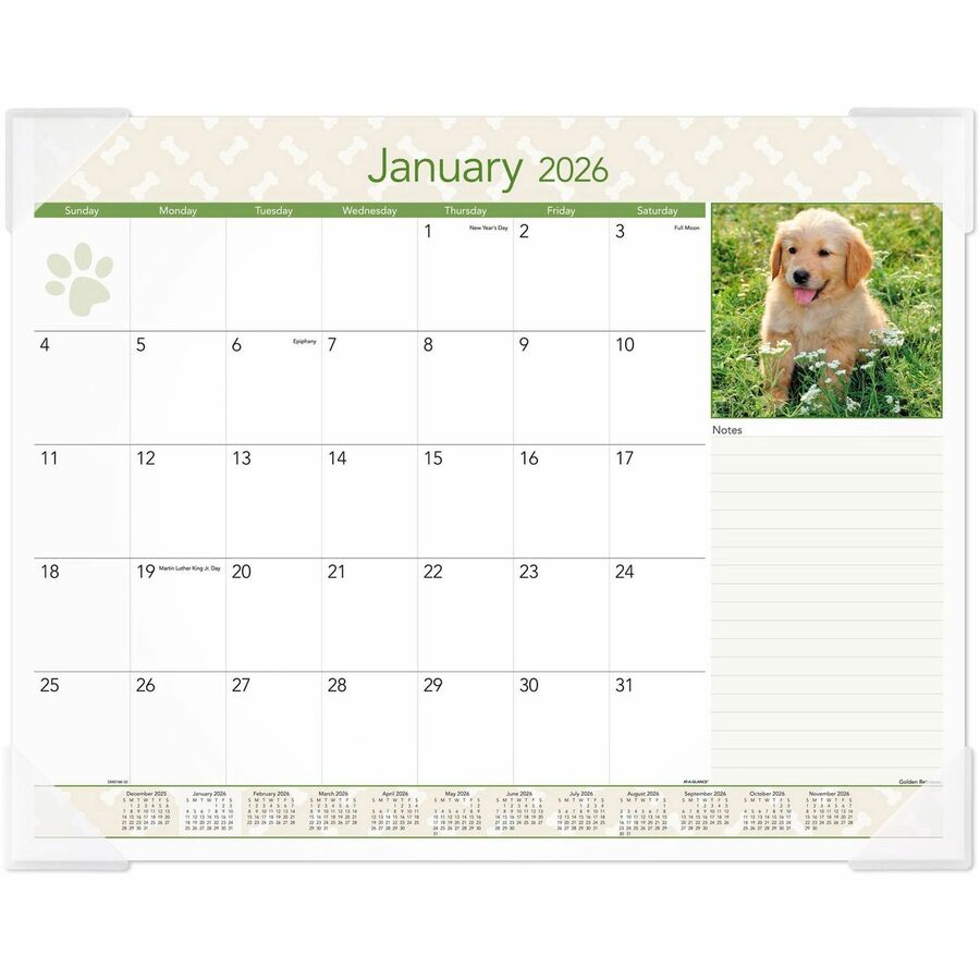 At-A-Glance Puppies Monthly Desk Pad - Julian Dates - Monthly - 12 Month - January 2024 - December 2024 - 1 Month Single Page Layout - 22" x 17" Sheet Size - Desktop - White - Paper - Full-color Photos of Puppies - 1 Each