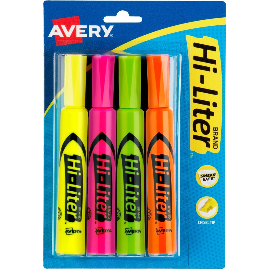 Avery® Desk-Style, Assorted Colors, 4 Count (24063) - Chisel Marker Point Style - Fluorescent Yellow, Fluorescent Pink, Fluorescent Orange, Fluorescent Green Water Based Ink - Fluorescent Green, Fluorescent Orange, Fluorescent Pink, Fluorescent Yellow Barrel - 4 / Pack