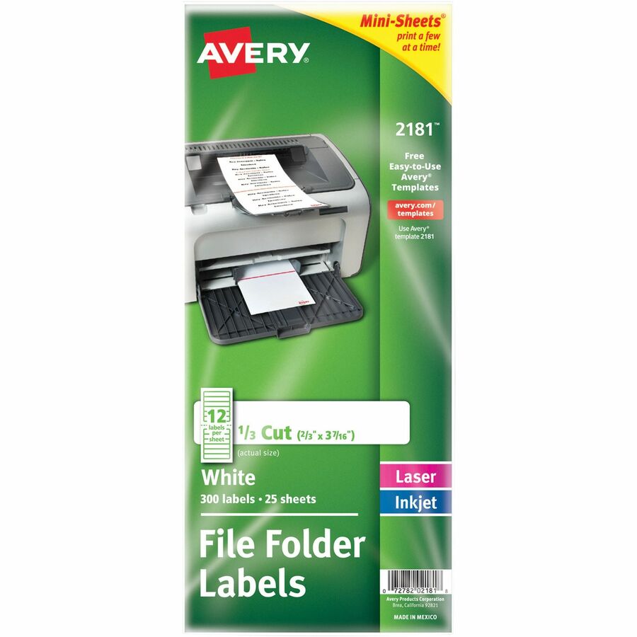 Avery® File Folder Labels - 21/32" Width x 3 7/16" Length - Permanent Adhesive - Rectangle - Laser, Inkjet - White - Paper - 12 / Sheet - 25 Total Sheets - 300 Total Label(s) - 1