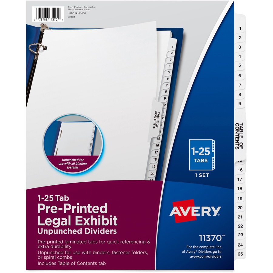 Avery® Index Divider - 1 x Divider(s) - Side Tab(s) - 1-25, Table of Contents - 26 Tab(s)/Set - 8.5" Divider Width x 11" Divider Length - Letter - 8.50" Width x 11" Length - Paper Divider - White Tab(s) - 25 / Set