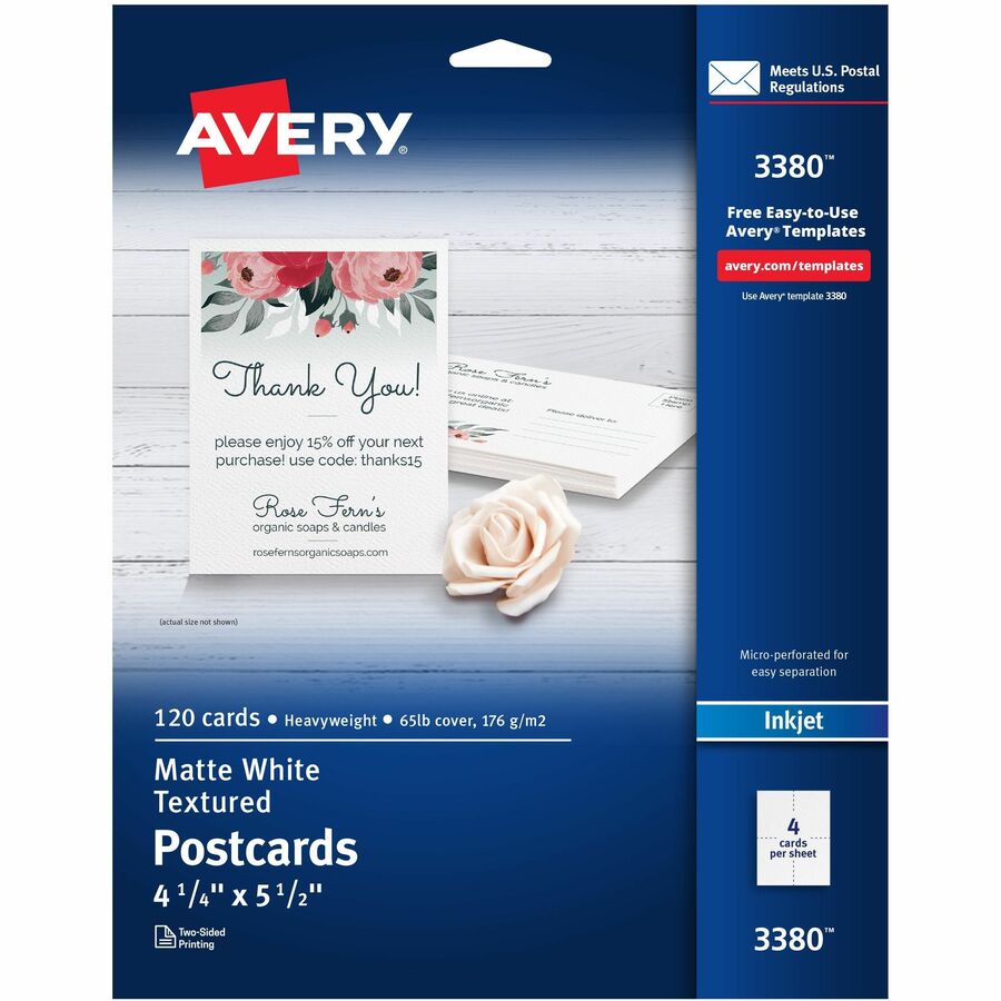 Avery® Matte Textured Postcards - 90 Brightness4 1/4" x 5 1/2" - Textured Matte - 120 / Box - Rounded Corner, Micro Perforated, Smudge-free, Jam-free