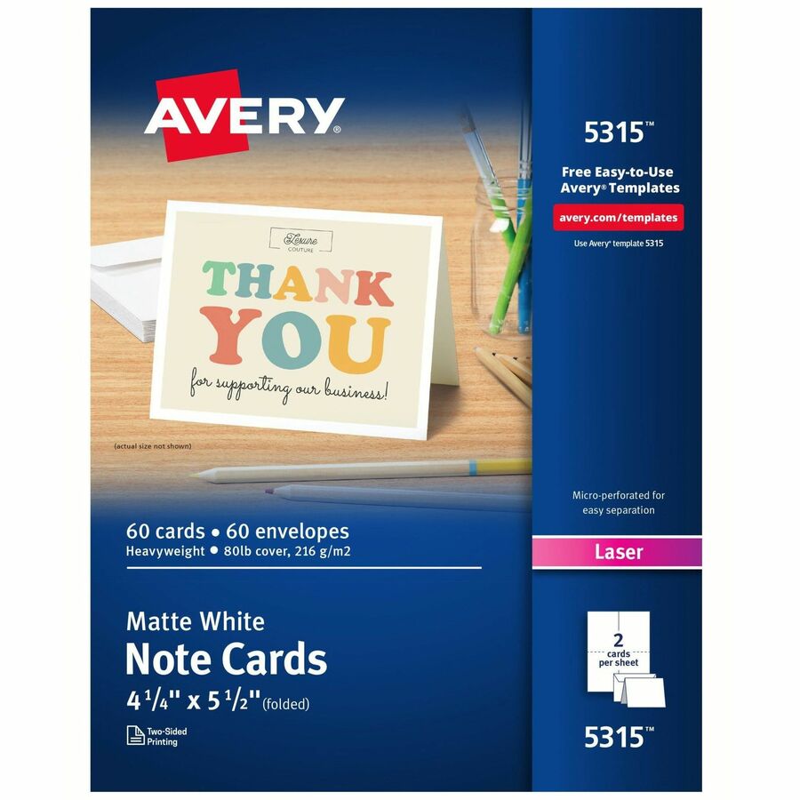 Avery® Printable Note Cards, Two-Sided Printing, 4-1/4" x 5-1/2" , 60 Cards (5315) - 97 Brightness4 1/4" x 5 1/2" - 1 / Box - FSC Mix - Perforated, Heavyweight, Rounded Corner, Jam-free, Smudge-free