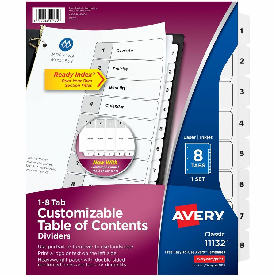 Avery® Ready Index Classic Tab Binder Dividers - 8 x Divider(s) - 1-8 - 8 Tab(s)/Set - 8.5" Divider Width x 11" Divider Length - 3 Hole Punched - White Paper Divider - White Paper Tab(s) - 8 / Set