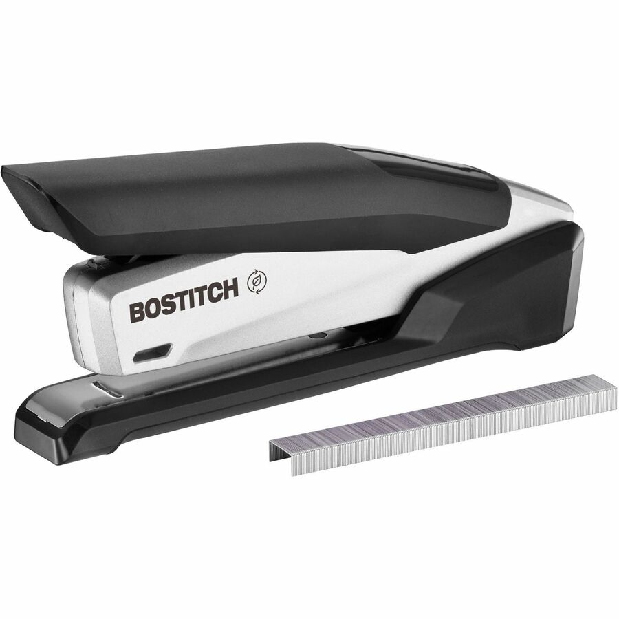 Bostitch InPower Spring-Powered Antimicrobial Desktop Stapler - 28 Sheets Capacity - 210 Staple Capacity - Full Strip - Silver, Black