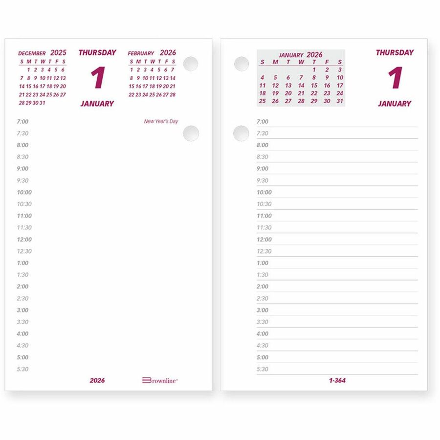 Brownline Daily Calendar Pad Refill - Daily - 1 Year - January 2024 - December 2024 - 7:00 AM to 6:30 PM - Half-hourly - 1 Day Double Page Layout - 6" x 3 1/2" Sheet Size - White - Paper - Reference Calendar - 1 Each