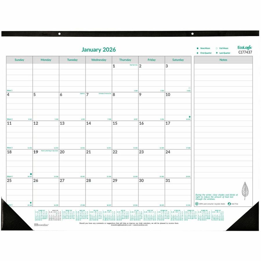 Brownline Ecologix Monthly Desk Pad - Monthly - 1 Year - January 2024 - December 2024 - 1 Month Single Page Layout - 22" x 17" Sheet Size - Desk Pad - Chipboard - Notepad, Reference Calendar - 1 Each