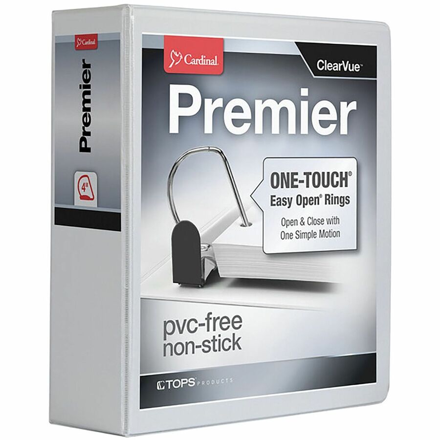 Cardinal EasyOpen Clearvue Slant D-Ring Binders - 4" Binder Capacity - Letter - 8 1/2" x 11" Sheet Size - 775 Sheet Capacity - 3 3/5" Spine Width - 3 x D-Ring Fastener(s) - 2 Inside Front & Back Pocket(s) - Vinyl - White - 2.14 lb - Sheet Lifter, Clear Overlay, One Touch Ring, Locking Mechanism, Locking Ring, Heavy Duty - 1 Each