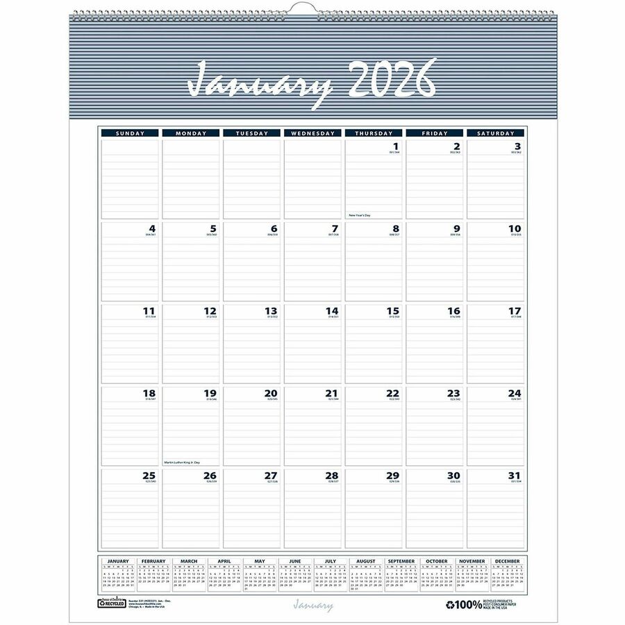 House of Doolittle Bar Harbor 12-Month Wall Calendar - Julian Dates - Monthly - 12 Month - January 2024 - December 2024 - 1 Month Single Page Layout - 8 1/2" x 11" Blue/Gray Sheet - 1" x 1.25" Block - Wire Bound - Blue, Gray - Paper - Reference Calendar, Eyelet - 1 Each