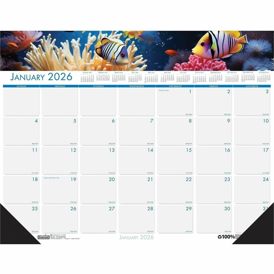 House of Doolittle EarthScapes Sea Life Desk Pads - Julian Dates - Monthly - 12 Month - January 2024 - December 2024 - 1 Month Single Page Layout - 22" x 17" Sheet Size - 2.25" x 3.06" Block - Desk Pad - White - Leatherette, Paper - Holder, Notepad, Reference Calendar, Reinforced - 1 Each