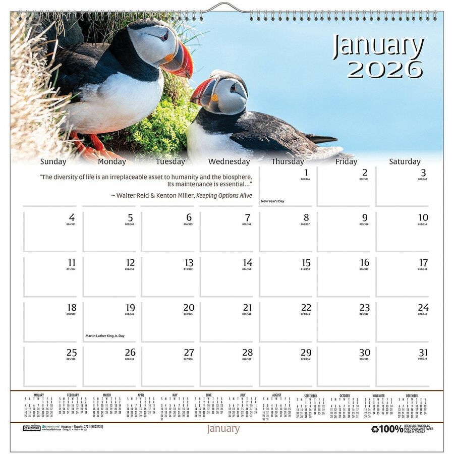 House of Doolittle Earthscapes Wildlife Wall Calendars - Julian Dates - Monthly - 1 Year - January 2024 - December 2024 - 1 Month Single Page Layout - 12" x 12" Sheet Size - 1.63" x 1.63" Block - Wire Bound - Paper - Hanging Loop - 1 Each