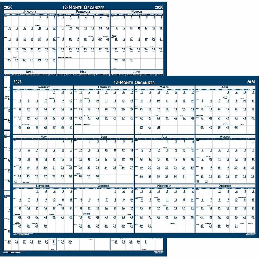 House of Doolittle Recycled Laminated Reversible Planner - Professional - Julian Dates - Yearly - 12 Month - January 2024 - December 2024 - 24" x 37" Blue/Gray Sheet - 1.25" x 1.63" , 1.38" Block - Blue, Gray - Paper - Laminated - 1 Each