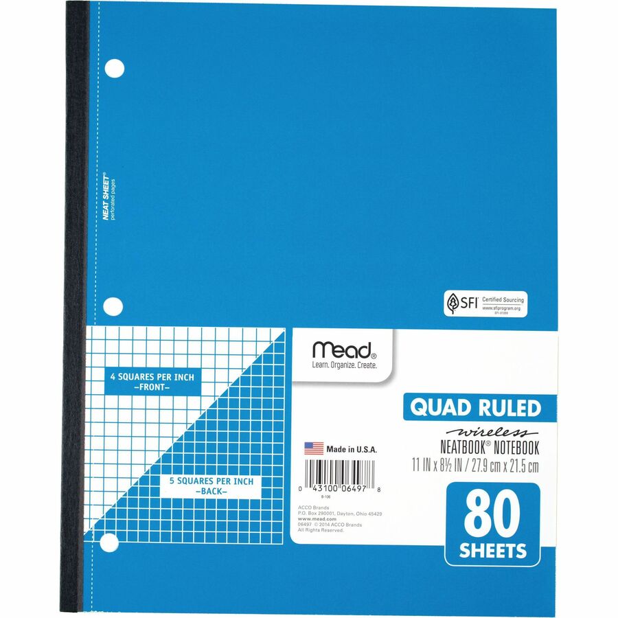 Mead Quad Wireless Neatbook Notebook - Letter - 80 Sheets - Both Side Ruling Surface - Letter - 8 1/2" x 11" - White Paper - Micro Perforated - 1 Each