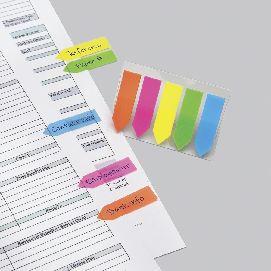 Redi-Tag Neon Small Arrow Colored Flags - 50 x Neon Blue, 50 x Neon Green, 50 x Neon Pink, 50 x Neon Yellow, 50 x Neon Orange - 1.75" x 0.46" - Arrow - Neon Green, Neon Blue, Neon Yellow, Neon Pink, Neon Orange - Writable, See-through, Self-adhesive, Removable, Repositionable - 1 Each