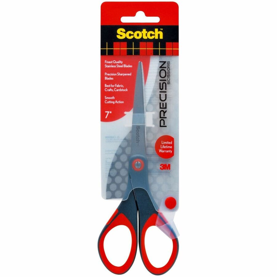 Scotch Precision Scissors - Straight Handles - 7" Overall Length - Left/Right - Stainless Steel - Red, Gray - 1 Each