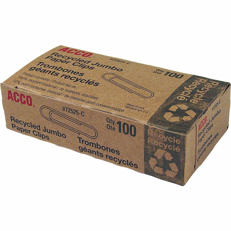 ACCO Recycled Paper Clips - Jumbo - 1.6" Length - 20 Sheet Capacity - Reusable, Durable - 100 / Box - Silver - Metal