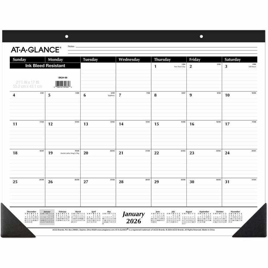 At-A-Glance Monthly Desk Pad Calendar - Julian Dates - Monthly - 1 Year - January - December - 1 Month Single Page Layout - 22" x 17" Sheet Size - 2.87" x 2.37" Block - Desk Pad - Black, White - Paper, Vinyl - Notepad - 1 Each
