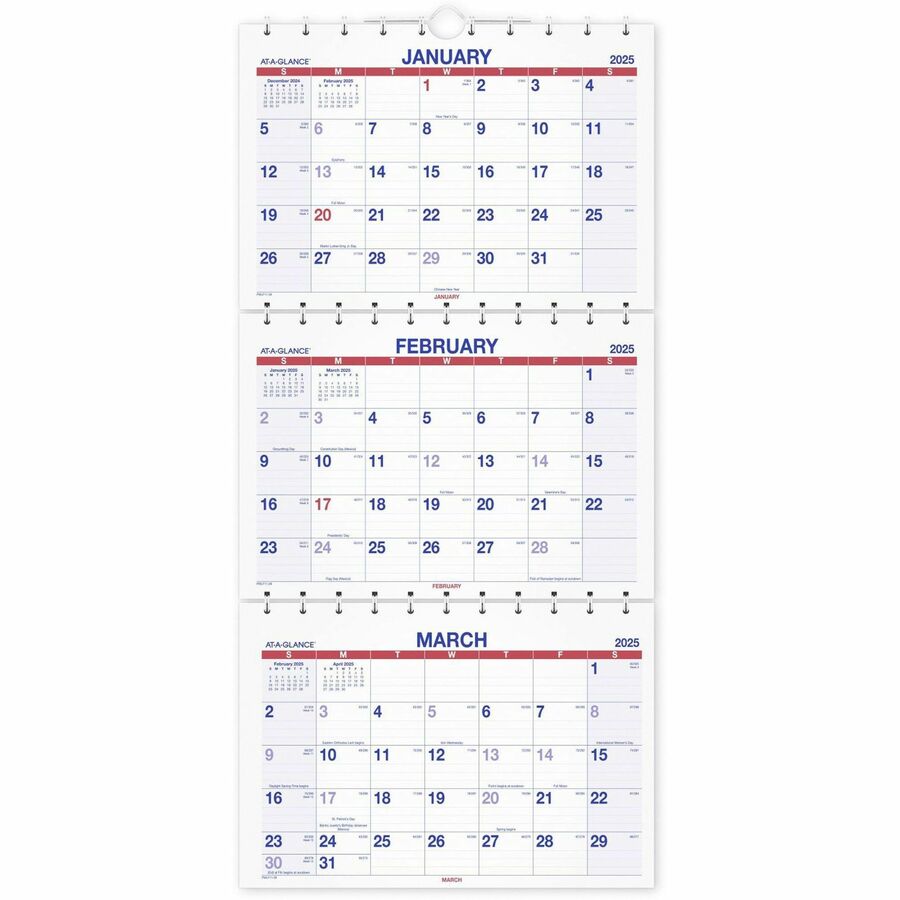 At-A-Glance Move-A-Page 3-Month Wall Calendar - Julian Dates - Monthly - 14 Month - December 2023 - February 2025 - 12" x 27" White Sheet - 1.19" x 1.63" Block - Wire Bound - White - Chipboard - Reference Calendar, Hanging Loop, Sturdy Back - 1 Each