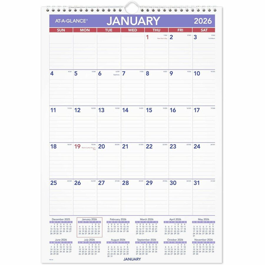 At-A-Glance Ruled Daily Blocks Calendar - Monthly - 12 Month - January - December - 1 Month Single Page Layout - 12" x 17" Sheet Size - White, Blue, Red - Chipboard, Paper - Holder
