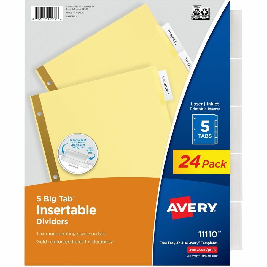 Avery® Big Tab Insertable Dividers - 120 x Divider(s) - 5 Tab(s) - 5 - 5 Tab(s)/Set - 8.5" Divider Width x 11" Divider Length - Letter - 3 Hole Punched - Buff Paper Divider - Clear Plastic Tab(s) - 120 / Box