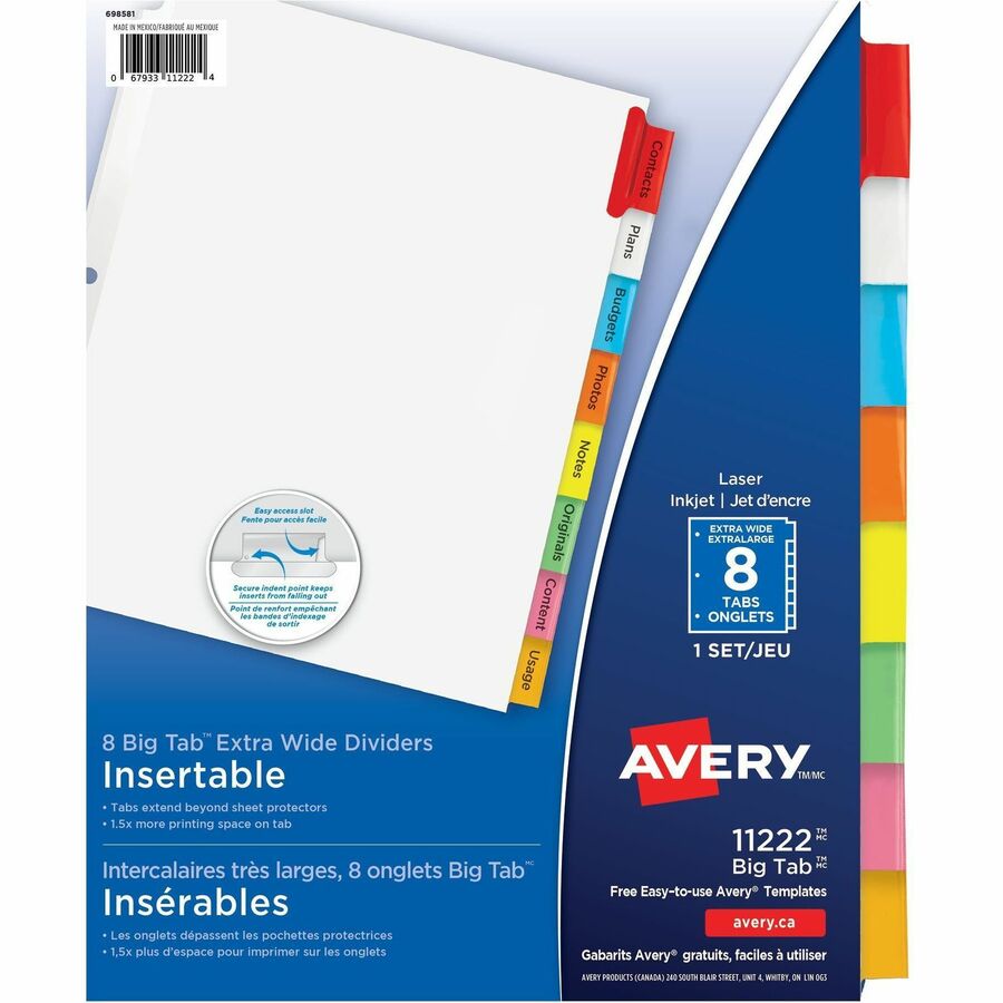 Avery® Big Tab Insertable Extra-Wide Dividers - 8 x Divider(s) - 8 Tab(s) - 8 - 8 Tab(s)/Set - 9.3" Divider Width x 11.13" Divider Length - 3 Hole Punched - White Paper Divider - Multicolor Paper Tab(s) - 8 / Set