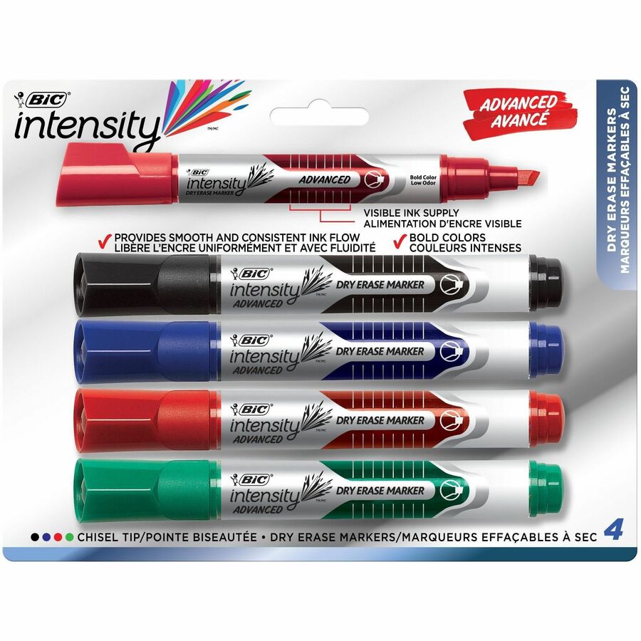 BIC Intensity Dry Erase Marker - Chisel Marker Point Style - Assorted - 4 Pack