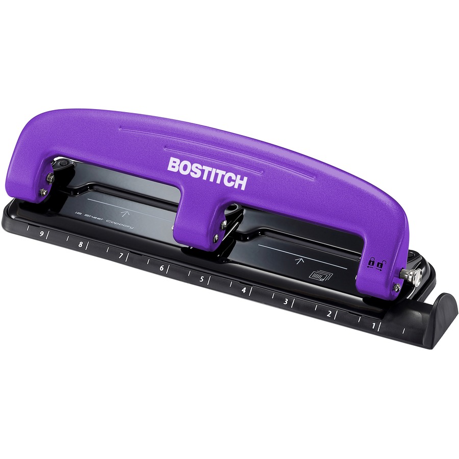 Bostitch EZ Squeeze™ 12 Three-Hole Punch - 3 Punch Head(s) - 12 Sheet - 9/32" Punch Size - 3" x 1.6" - Purple, Black