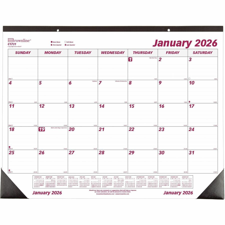 Brownline Professional Monthly Desk/Wall Calendar - Julian Dates - Monthly - 1 Year - January 2024 - December 2024 - 1 Month Single Page Layout - 22" x 17" Sheet Size - Desk Pad - White - Paper - Eyelet, Tear-off, Reinforced - 1 Each