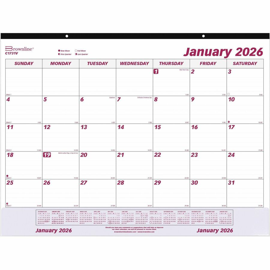 Brownline Vinyl Strip Monthly Desk Pad - Julian Dates - Monthly - 12 Month - January 2024 - December 2024 - 1 Month Single Page Layout - 22" x 17" Sheet Size - Desk Pad - White - Chipboard - Tear-off, Reinforced, Perforated, Reference Calendar, Hole-punched - 1 Each