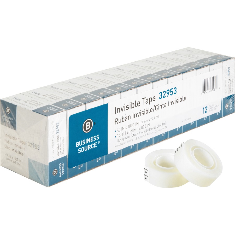 Business Source Premium Invisible Tape Value Pack - 27.78 yd Length x 0.75" Width - 1" Core - 12 / Pack - Clear