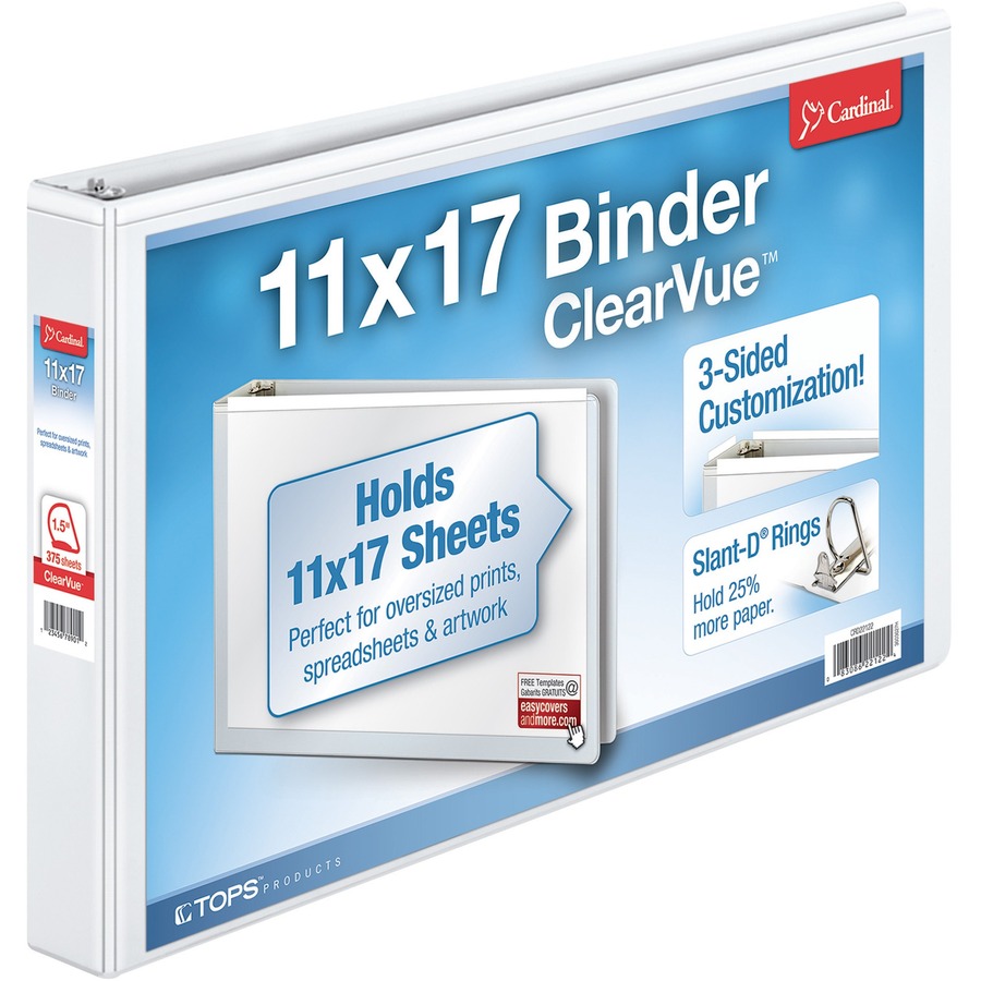 Cardinal ClearVue Overlay Tabloid D-Ring Binders - 1 1/2" Binder Capacity - Tabloid - 11" x 17" Sheet Size - 375 Sheet Capacity - 1 45/64" Spine Width - 3 x D-Ring Fastener(s) - Vinyl - White - 2.50 lb - Recycled - Clear Overlay, Non Locking Mechanism - 1 Each