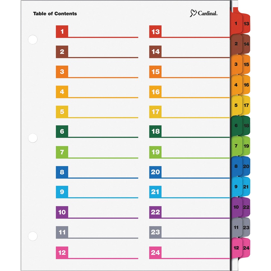 Cardinal OneStep Printable Dividers - 24 Print-on Tab(s) - 8.5" Divider Width x 11" Divider Length - Letter - 3 Hole Punched - Multicolor Divider - Multicolor Tab(s) - 1 Each