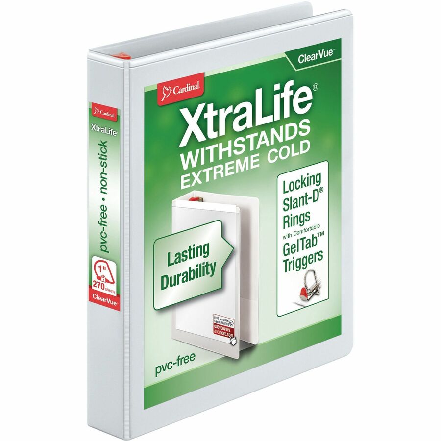 Cardinal Xtralife ClearVue Locking Slant-D Binders - 1" Binder Capacity - Letter - 8 1/2" x 11" Sheet Size - 270 Sheet Capacity - 1" Spine Width - 3 x D-Ring Fastener(s) - 2 Inside Front & Back Pocket(s) - Polyolefin - White - 14.40 oz - Hinged, Non-stick, Sheet Lifter, Locking Ring, Archival-safe, PVC-free, Cold Resistant, Crack Resistant, Clear Overlay - 1 Each
