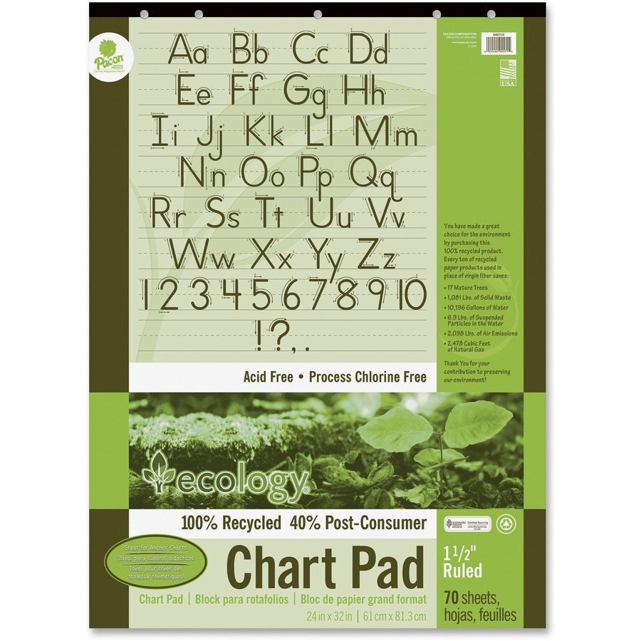 Decorol Recycled Chart Pad - 70 Sheets - Strip - Front Ruling Surface - Ruled - 1.50" Ruled - 24" x 32" - White Paper - Manuscript Cover - Eco-friendly, Acid-free, Padded, Tab, Chipboard Backing, Hole-punched, Chlorine-free, Recyclable, Cursive Alphabet, Unperforated - Recycled - 1 Each