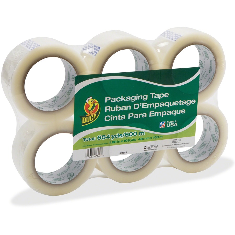 Duck Brand Standard-Grade Packing Tape - 109.30 yd Length x 1.88" Width - 1.9 mil Thickness - Acrylic Backing - 6 / Pack - Clear