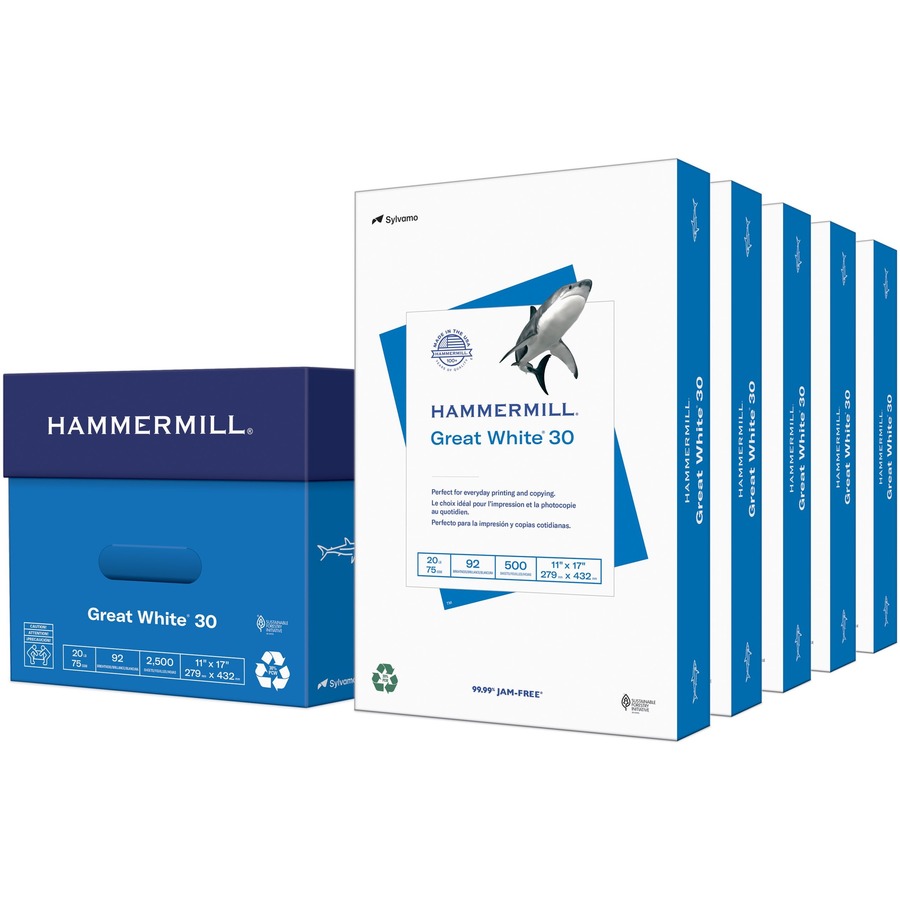 Hammermill Great White Recycled Copy Paper - White - 92 Brightness11" x 17" - 20 lb Basis Weight - 1 / Ream - FSC - Acid-free, Moisture Resistant, Archival-safe, Jam-free