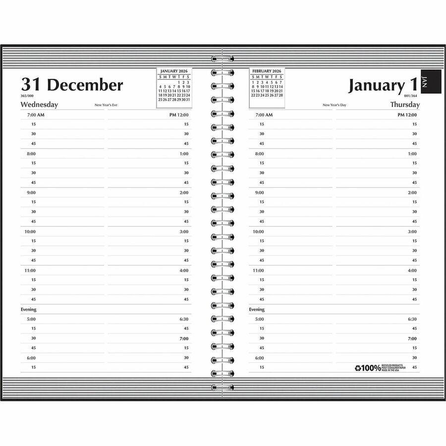 House of Doolittle Quarter-hourly Appointment Daily Planner - Daily - 12 Month - January 2024 - December 2024 - 7:00 AM to 7:45 PM - Quarter-hourly - 1 Week Single Page Layout - 5" x 8" Sheet Size - Leather - Black - 1 Each