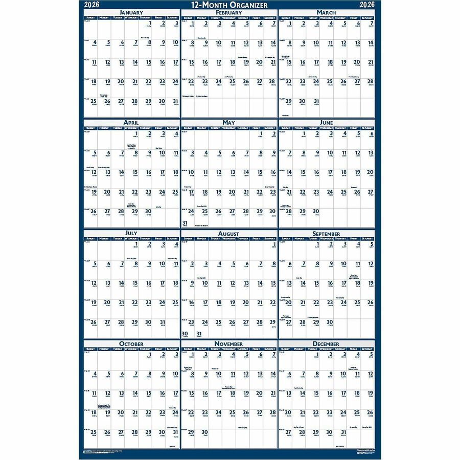 House of Doolittle Write-on Laminated Wall Planner - Professional - Julian Dates - Yearly - 12 Month - January 2024 - December 2024 - 32" x 48" Sheet Size - 1.38" x 2" , 1.63" x 1.63" Block - Blue, Gray - Paper - 32" Height - Laminated, Erasable, Write on/Wipe off, Reminder Section, Theme - 1 Each