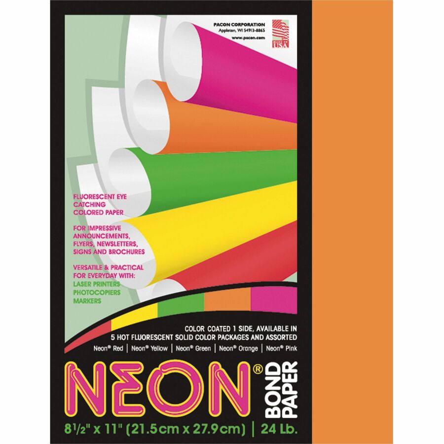 Pacon Neon Bond Paper - Orange - Letter - 8 1/2" x 11" - 24 lb Basis Weight - 100 / Pack - SFI